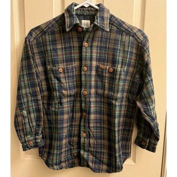 Vintage 1990s Gap Plaid Flannel Button Up Shirt/jacket Boys Medium Leather Logo - Picture 1 of 5